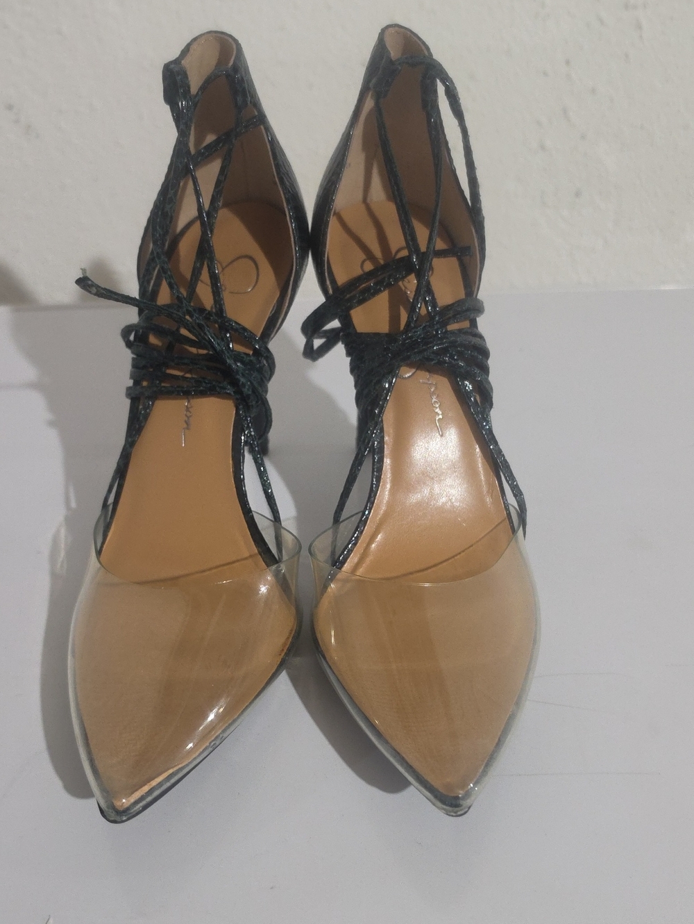Jessica Simpson Transparent Pointed-Toe Lace-Up Women’s Heels Emerald And Black